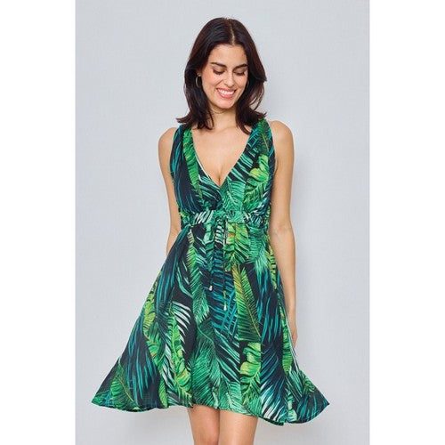 5312-1 Satin Grecian-Style Dress in Tropical Print Green