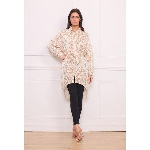 6601 Linen-Look Hilo Belted Shirt Dress in Zebra Abstract Cream & Brown