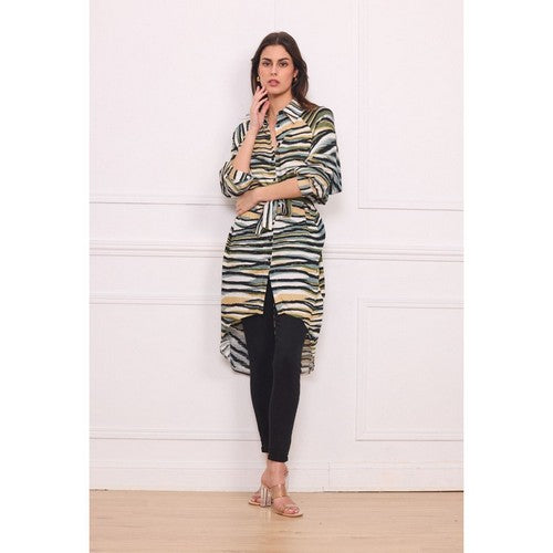 6601 Linen-Look Hilo Belted Shirt Dress in Zebra Olive