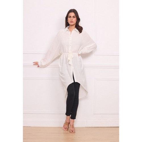 6601 Linen-Look Hilo Belted Shirt Dress in Plain Ivory