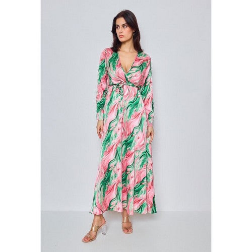 Printed Wrap Maxi Dress in Pink & Green