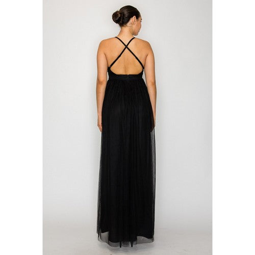 Plunge Tulle Maxi Dress in Black