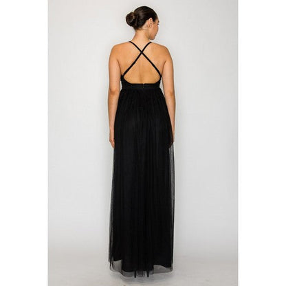 Plunge Tulle Maxi Dress in Black