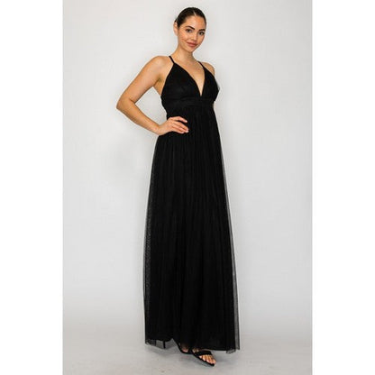 Plunge Tulle Maxi Dress in Black