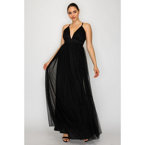 Plunge Tulle Maxi Dress in Black