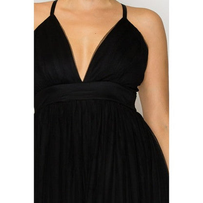 Plunge Tulle Maxi Dress in Black