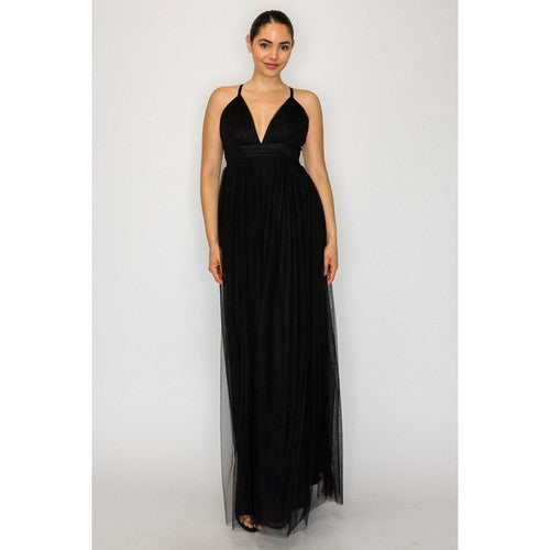 HMD12554L Plunge Tulle Maxi Dress in Black