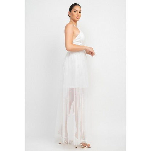 Plunge Tulle Maxi Dress in White