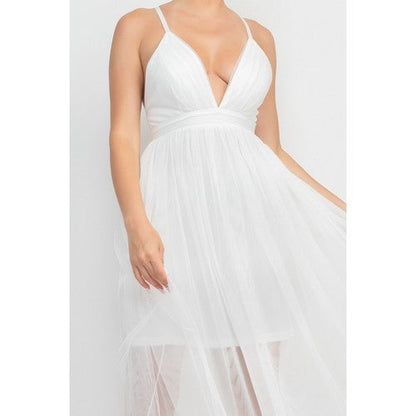 Plunge Tulle Maxi Dress in White