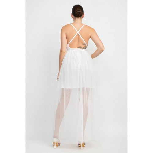 Plunge Tulle Maxi Dress in White