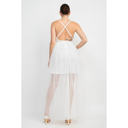 Plunge Tulle Maxi Dress in White