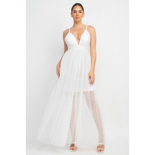 Plunge Tulle Maxi Dress in White