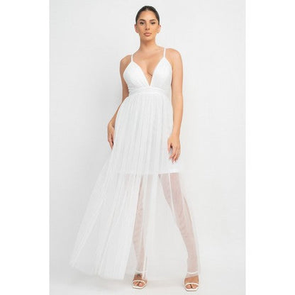 Plunge Tulle Maxi Dress in White
