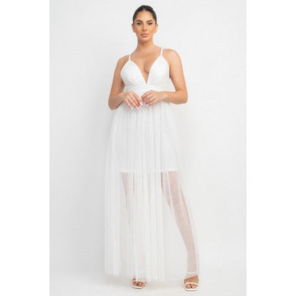 HMD12554A(Dresses) Plunge Tulle Maxi Dress in White