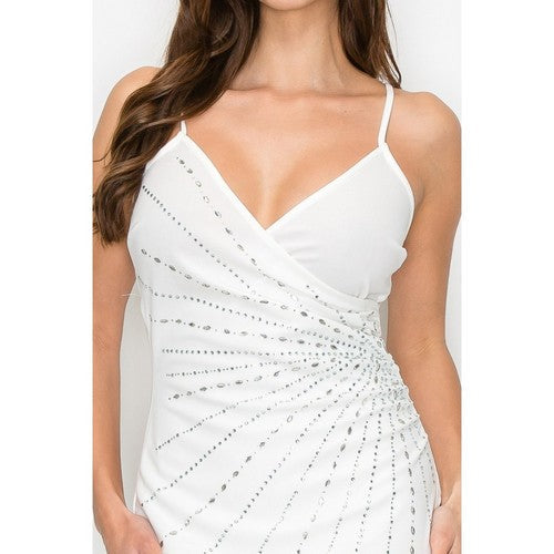 Rhinestone Wrap Midi Dress in White