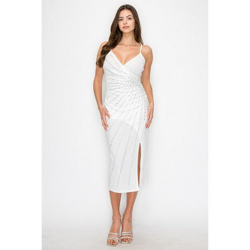 Rhinestone Wrap Midi Dress in White