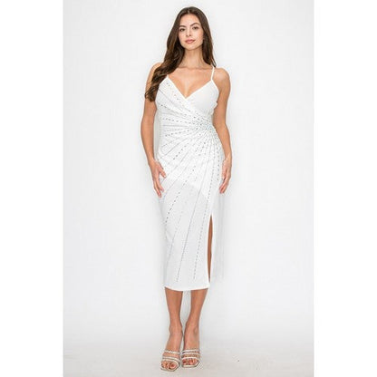 Rhinestone Wrap Midi Dress in White
