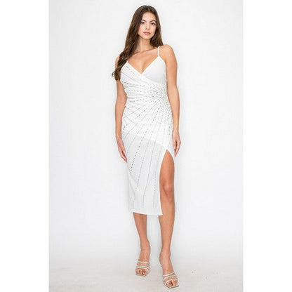 ID5577(Dresses) Rhinestone Wrap Midi Dress in White