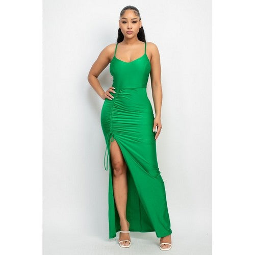 ID5422(Dresses) Side Slit Maxi Ruched Dress in Green