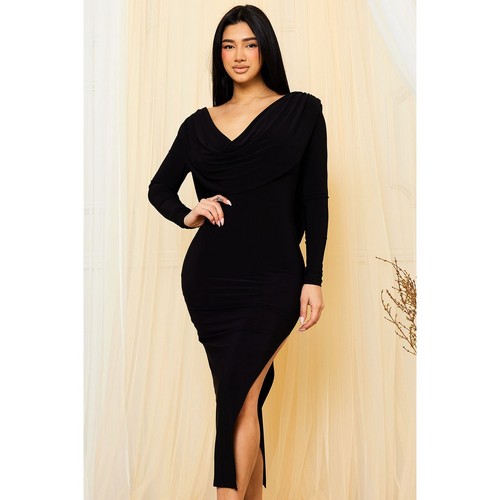 Cowl Front & Back Midi Dress in Black