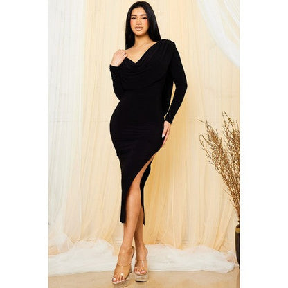 DM25777A Cowl Front & Back Midi Dress in Black