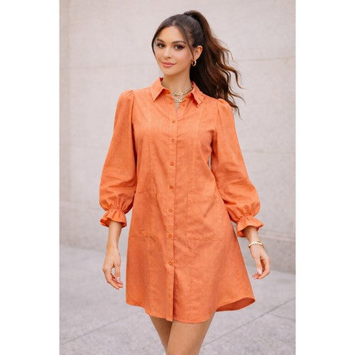 D51259A Linen Bell Shape Shirt Dress in Coral