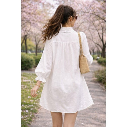Linen Bell Shape Shirt Dress in White