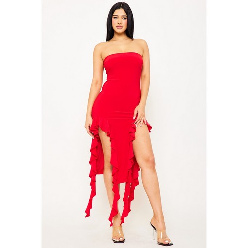 Bandeau Tube Ruffle Bottom Dress in Red
