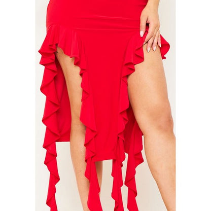 Bandeau Tube Ruffle Bottom Dress in Red