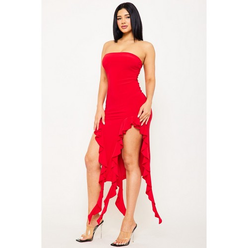 D25772S Bandeau Ruffle Bottom Dress in Red