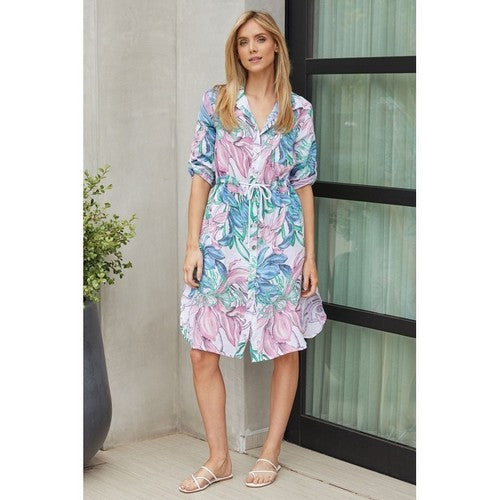 9275-ABSTRACTLILLY 100% Linen Floral Shirt Dress in Purple & Blue
