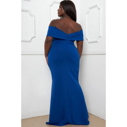 Plus Size Off Shoulder High Slit Maxi Dress in Royal Blue