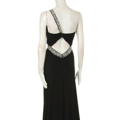 One Shoulder Rhinestone Sequin Bead Gown in Black