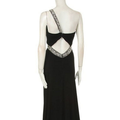One Shoulder Rhinestone Sequin Bead Gown in Black