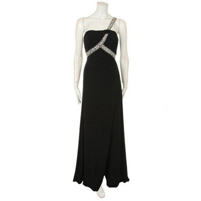 C 1252 One Shoulder Rhinestone Detail Gown in Black