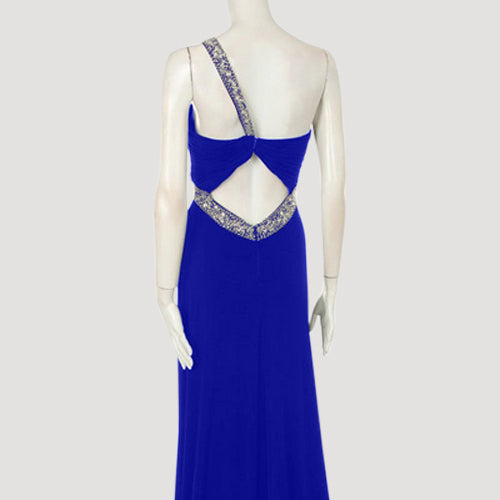 One Shoulder Rhinestone Sequin Bead Gown in Royal Blue