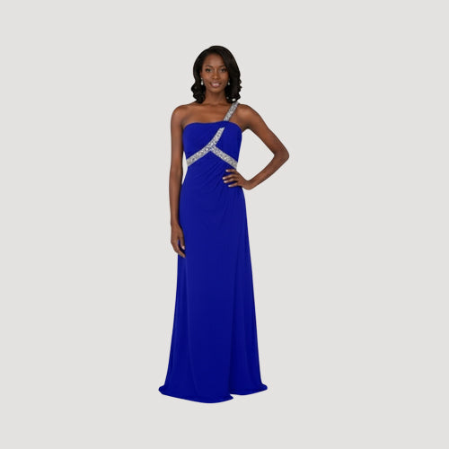 One Shoulder Rhinestone Sequin Bead Gown in Royal Blue