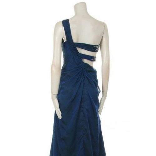 High Slit One Shoulder Rhinestone Cut-Out Gown in Blue