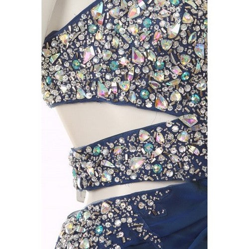 High Slit One Shoulder Rhinestone Cut-Out Gown in Blue