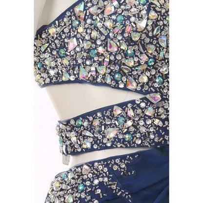 High Slit One Shoulder Rhinestone Cut-Out Gown in Blue