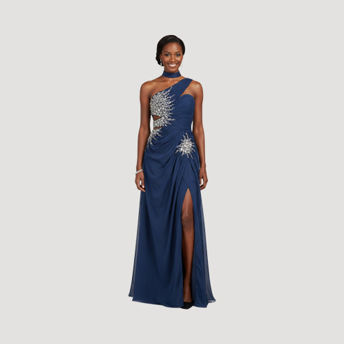 High Slit One Shoulder Rhinestone Cut-Out Gown in Blue
