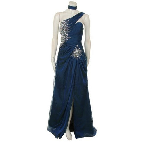 1912 High Slit One Shoulder Rhinestone Gown in Navy