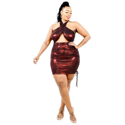 Plus Size Metallic Wrap Halter Dress in Dark Red