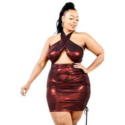 Plus Size Metallic Wrap Halter Dress in Dark Red