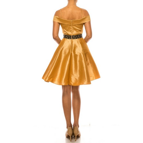 Greek Emblem Off Shoulder Skater Dress in Gold