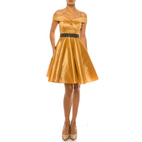 16398 Greek Emblem Off Shoulder Skater Dress in Gold