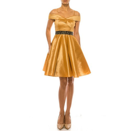 16398 Greek Emblem Off Shoulder Skater Dress in Gold