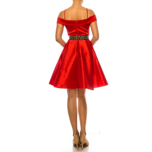 Greek Emblem Off Shoulder Skater Dress in Red