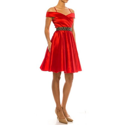 Greek Emblem Off Shoulder Skater Dress in Red