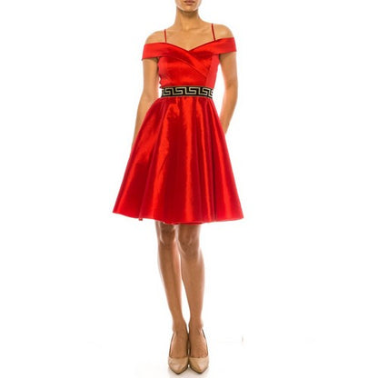 Greek Emblem Off Shoulder Skater Dress in Red